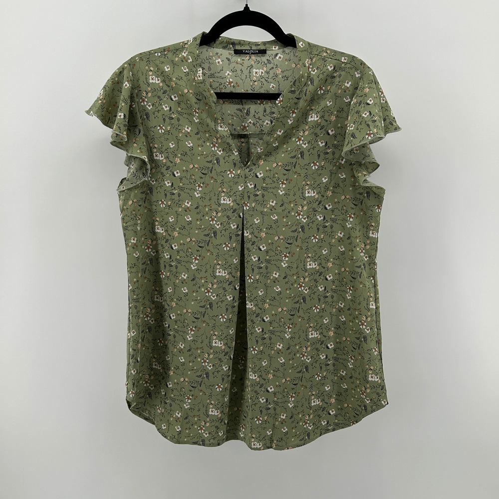 Valolia Sage Green Floral Flutter Sleeve Blouse M Lightweight Spring Cottagecore
